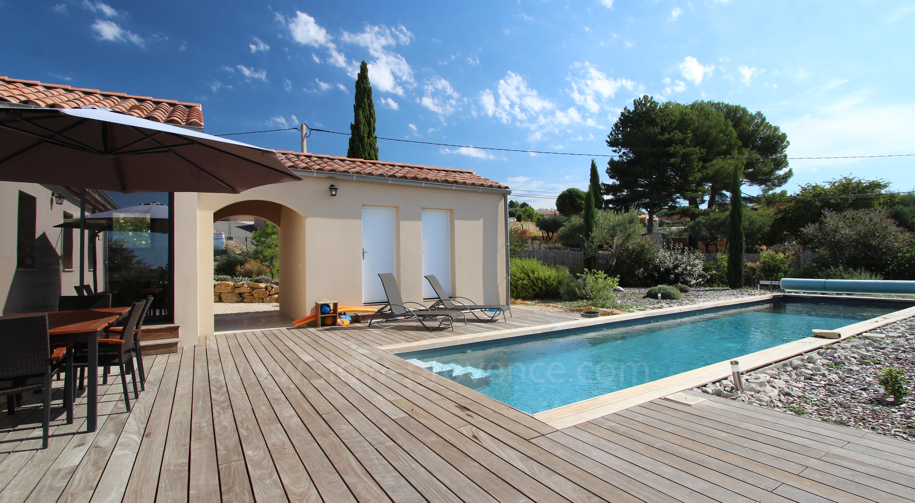 Teak terrace and 12m long swimming pool