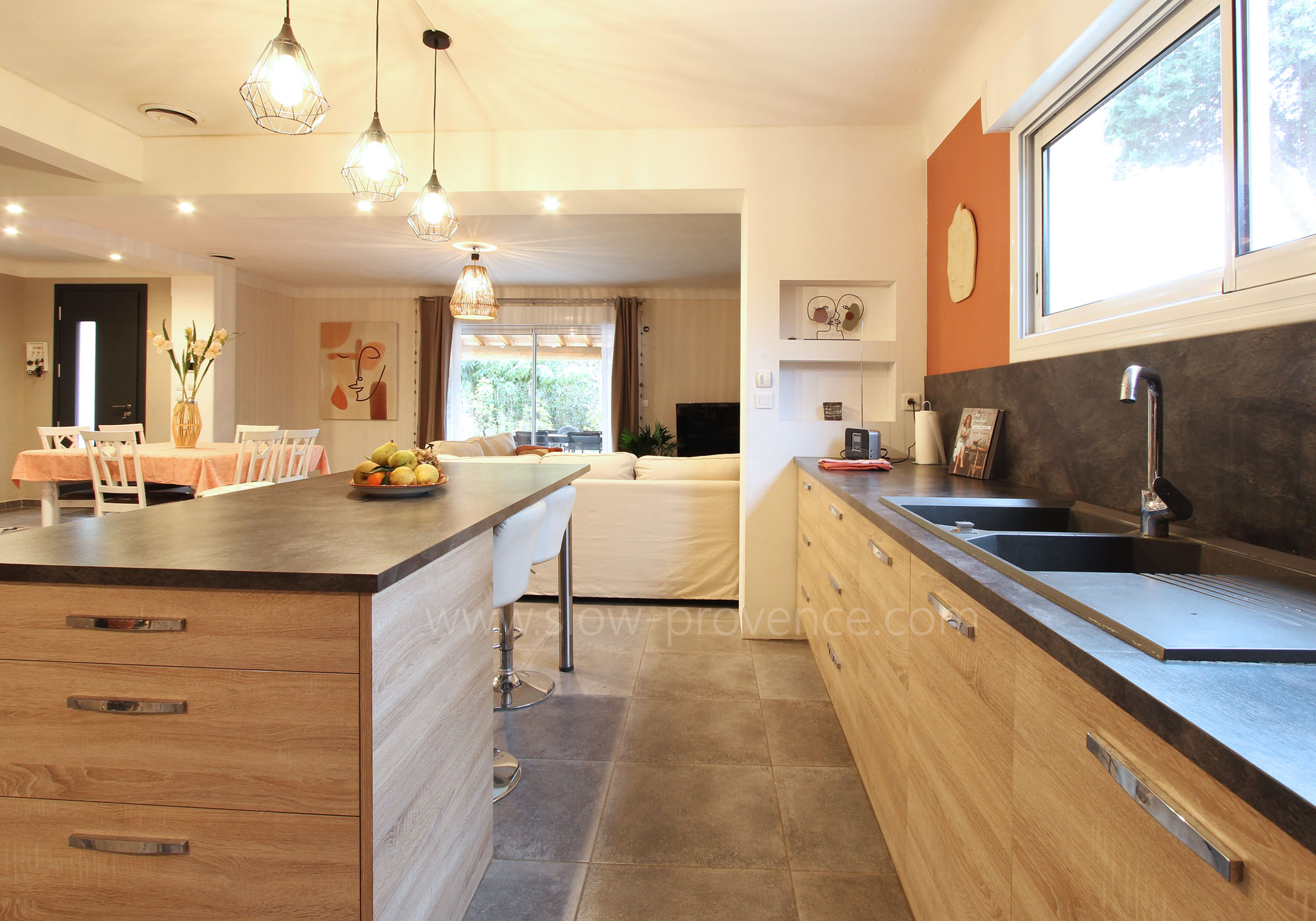 Kitchen opens onto the living room