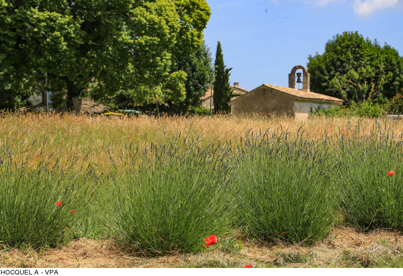 Vue arrière de la petite église provençale du village de Saint-Trinit