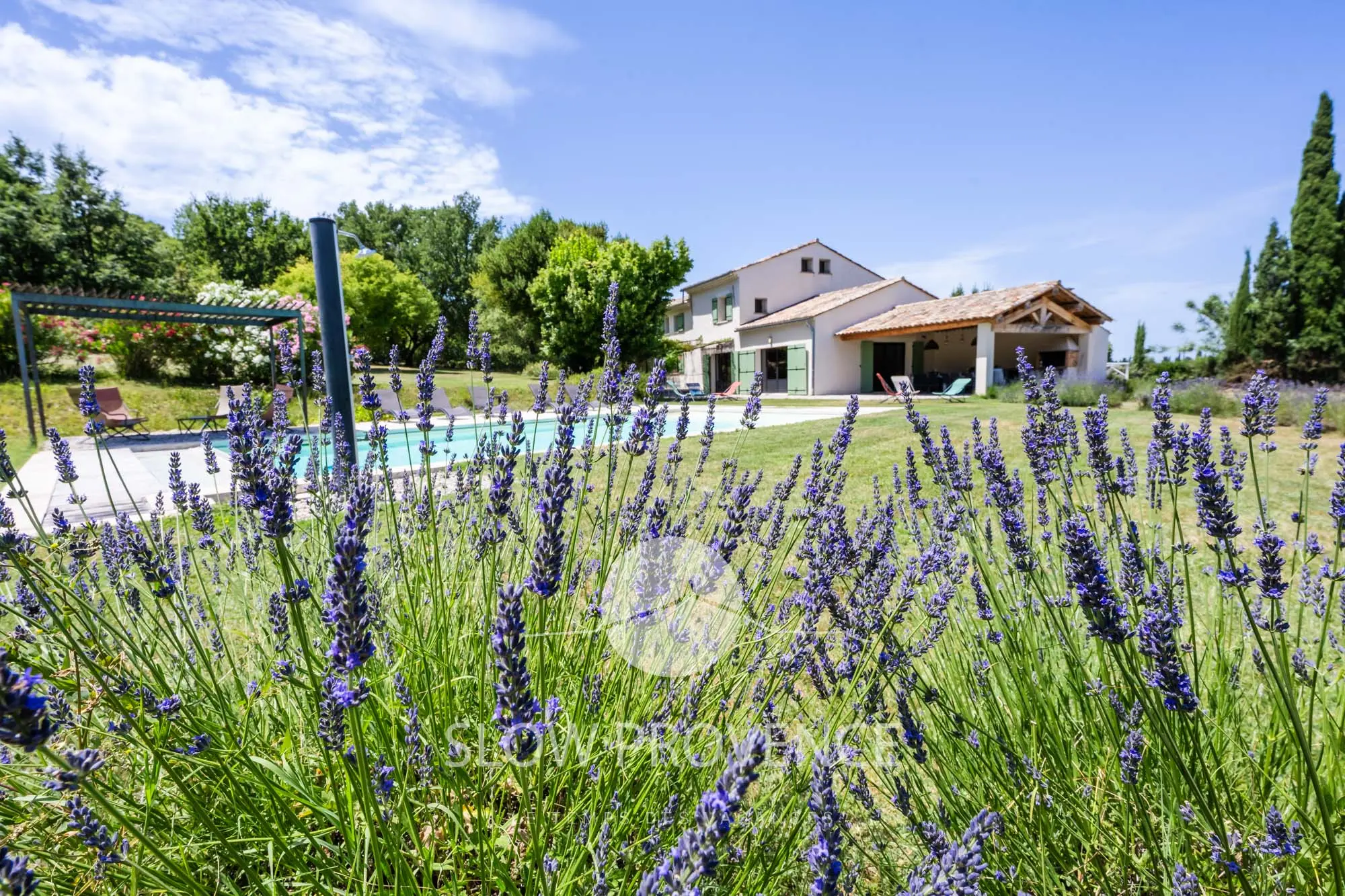 Jardin fleuri et verdoyant autour de la maison
