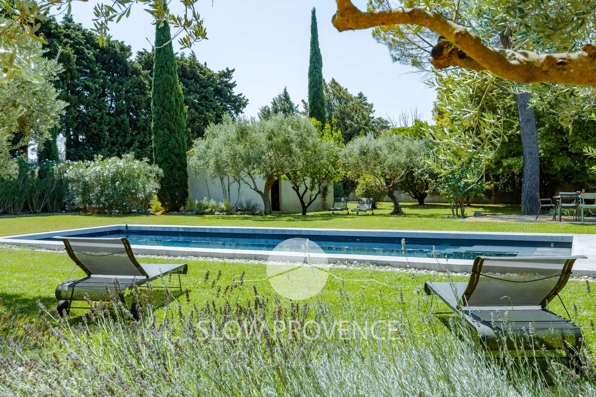Relaxation area with sun loungers near the pool