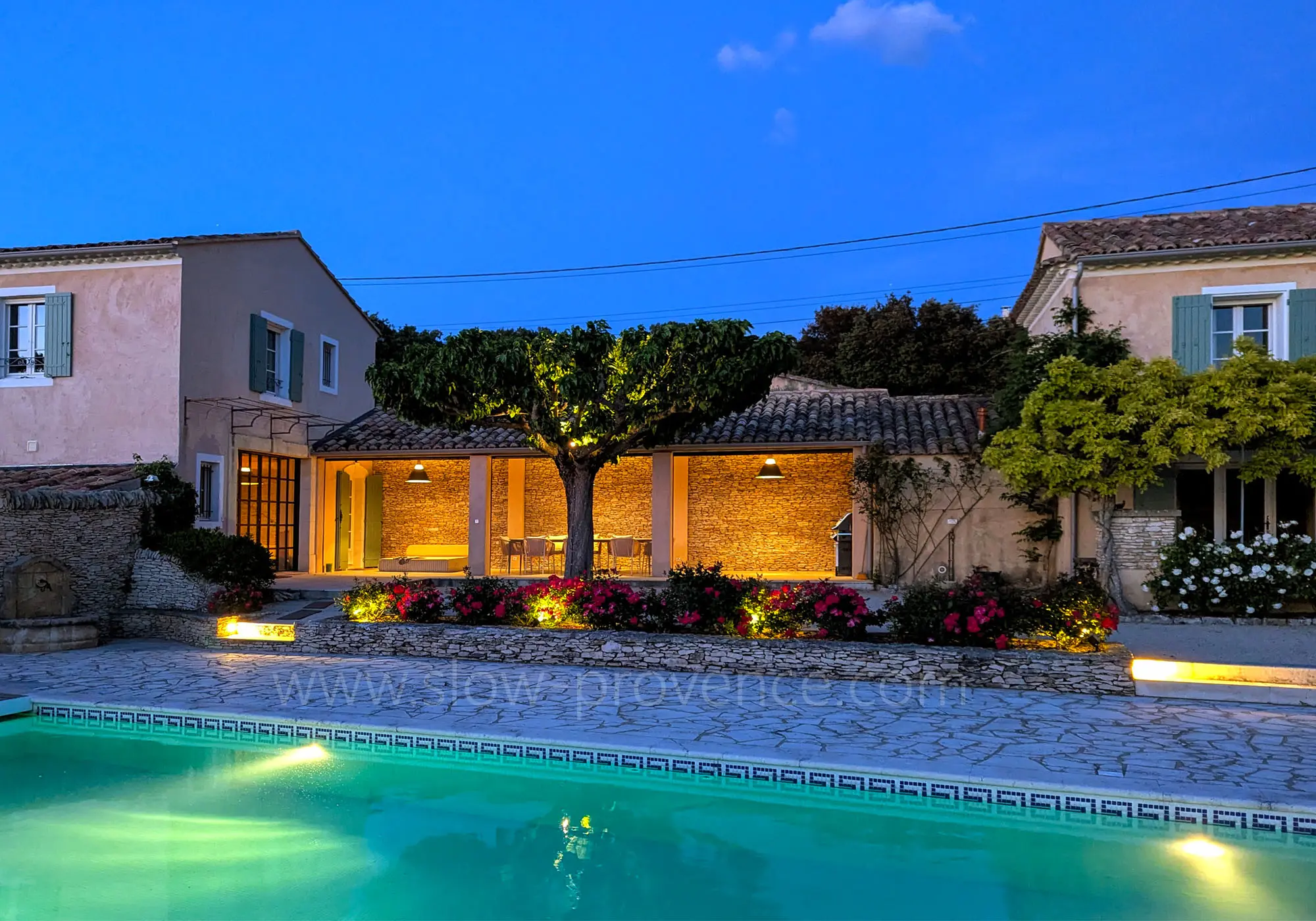 Terrace illuminated at night