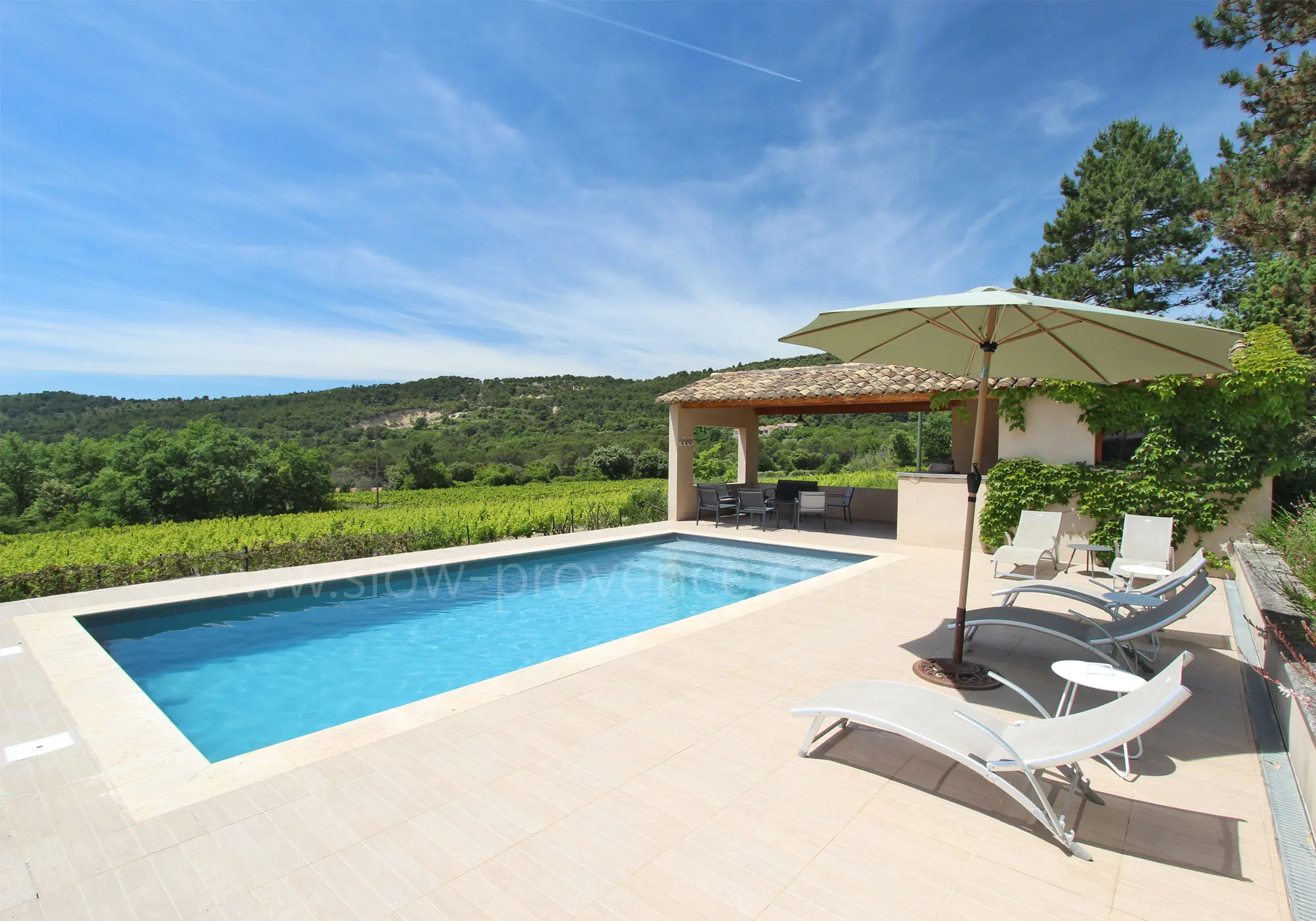 Großer Swimmingpool mit Blick auf die Weinberge