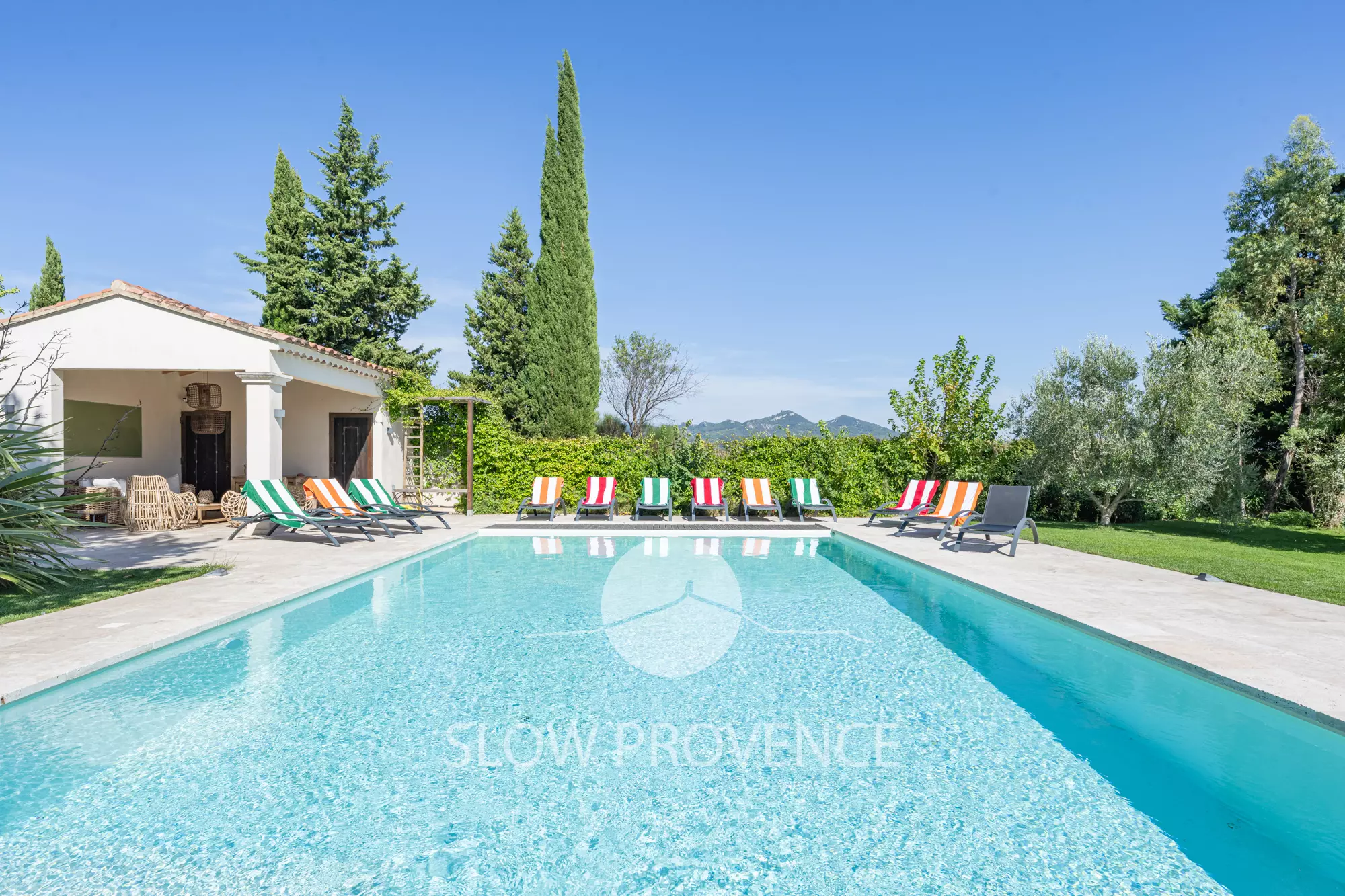 Large private heated swimming pool with a view