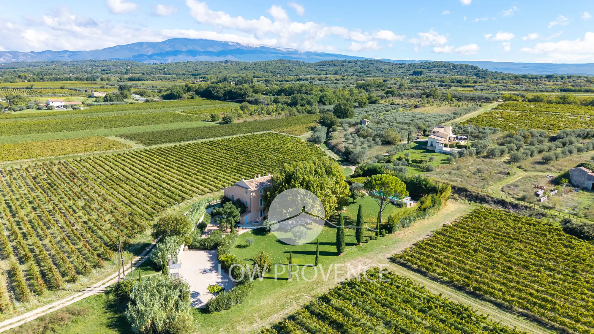 Aerial view of the Mas de la Bruissande in the heart of the vineyards