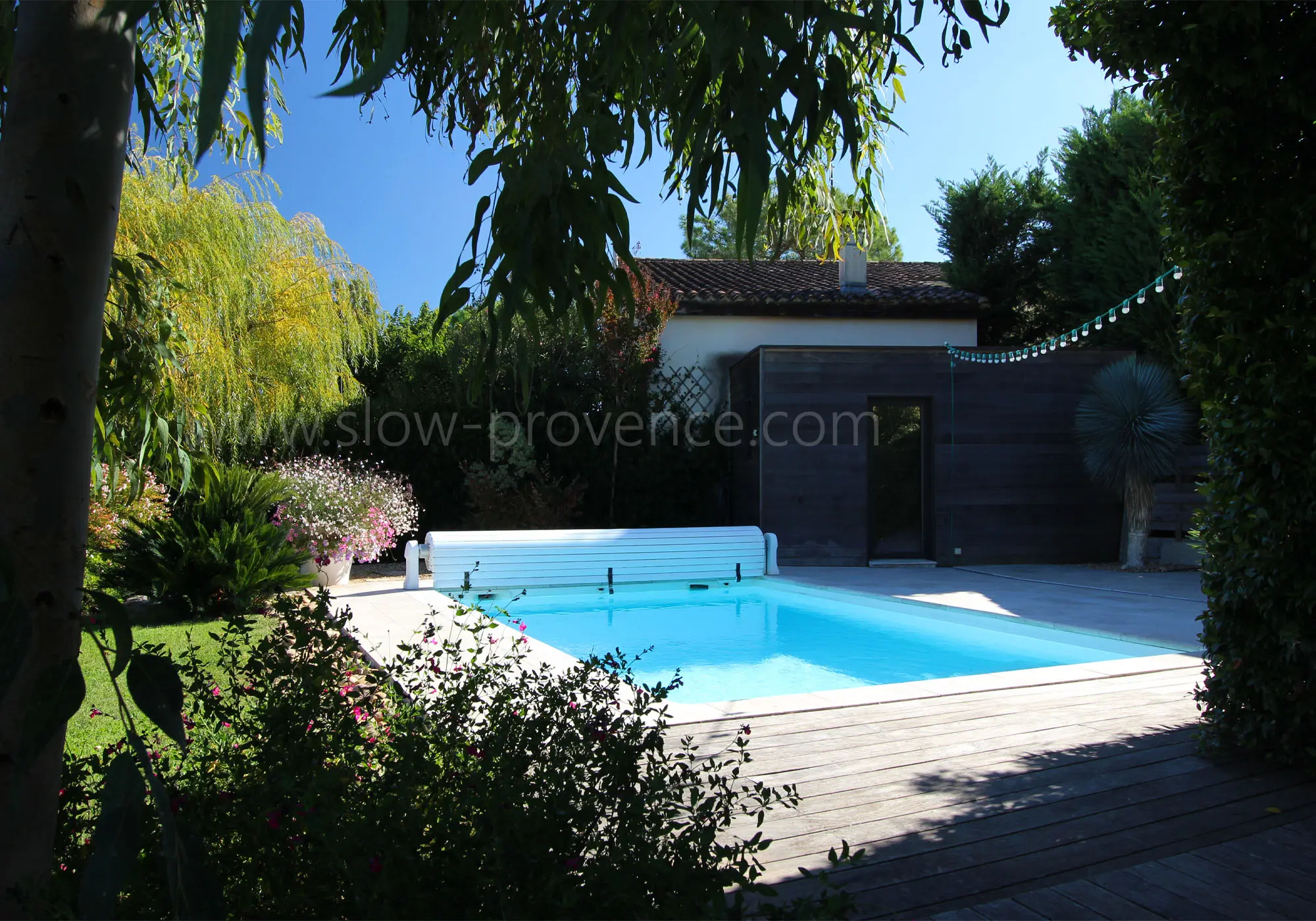 Jardin fleuri et verdoyant autour de la maison