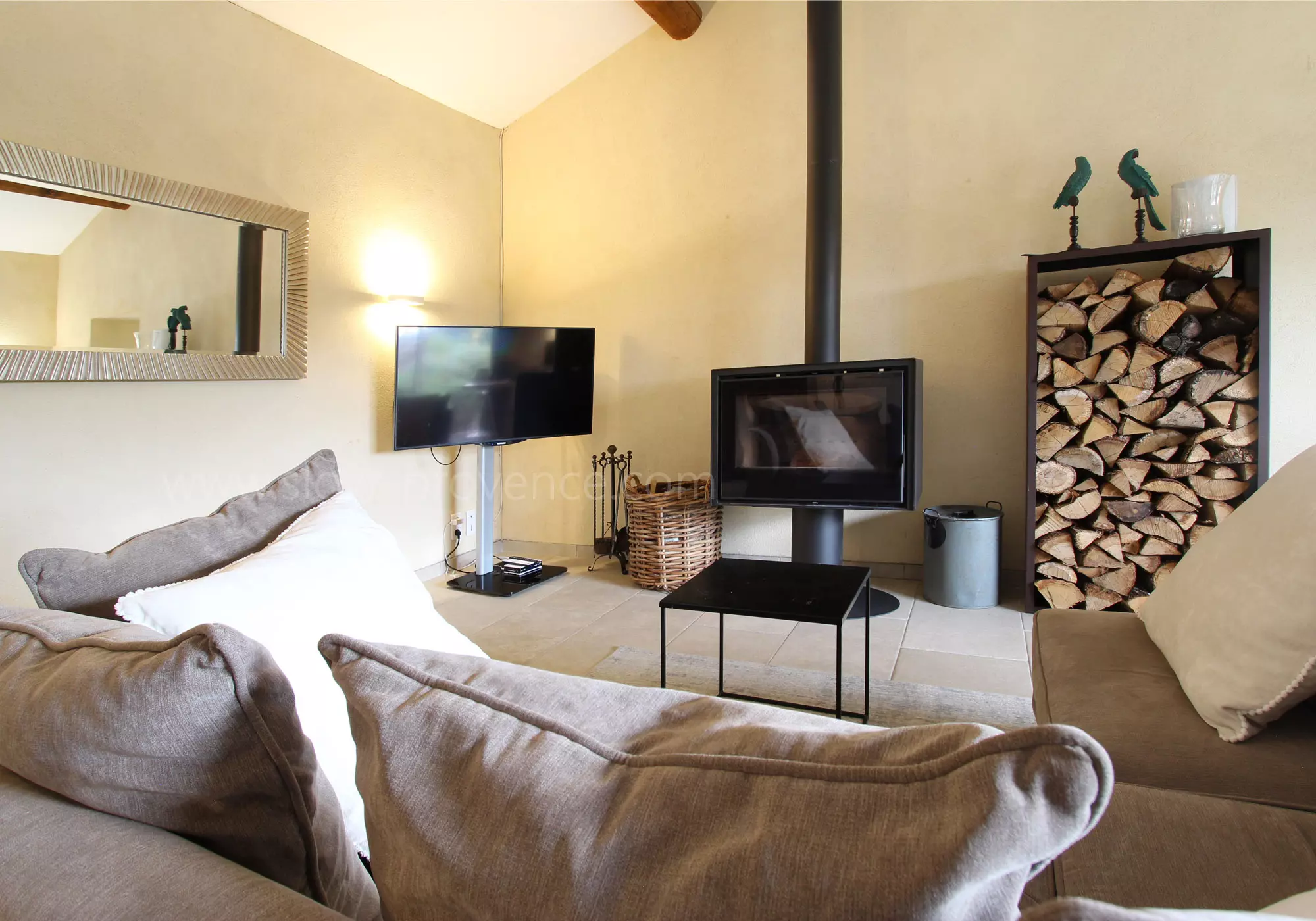 Lounge with TV and wood stove