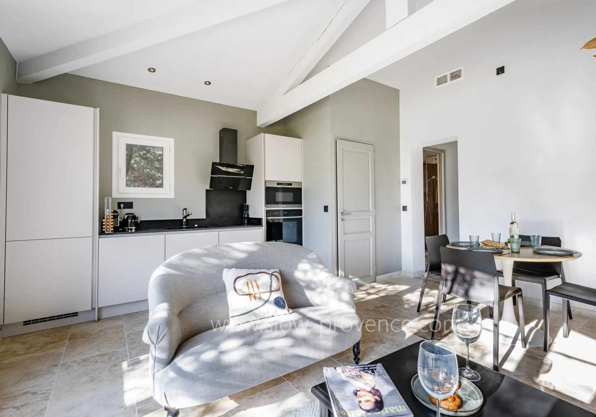 Kitchen area and cozy living room