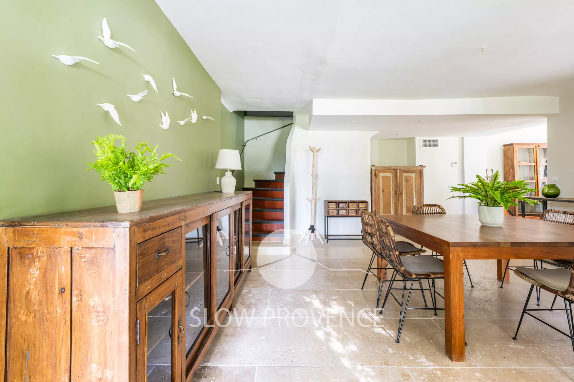 Dining room with staircase leading to the bedrooms