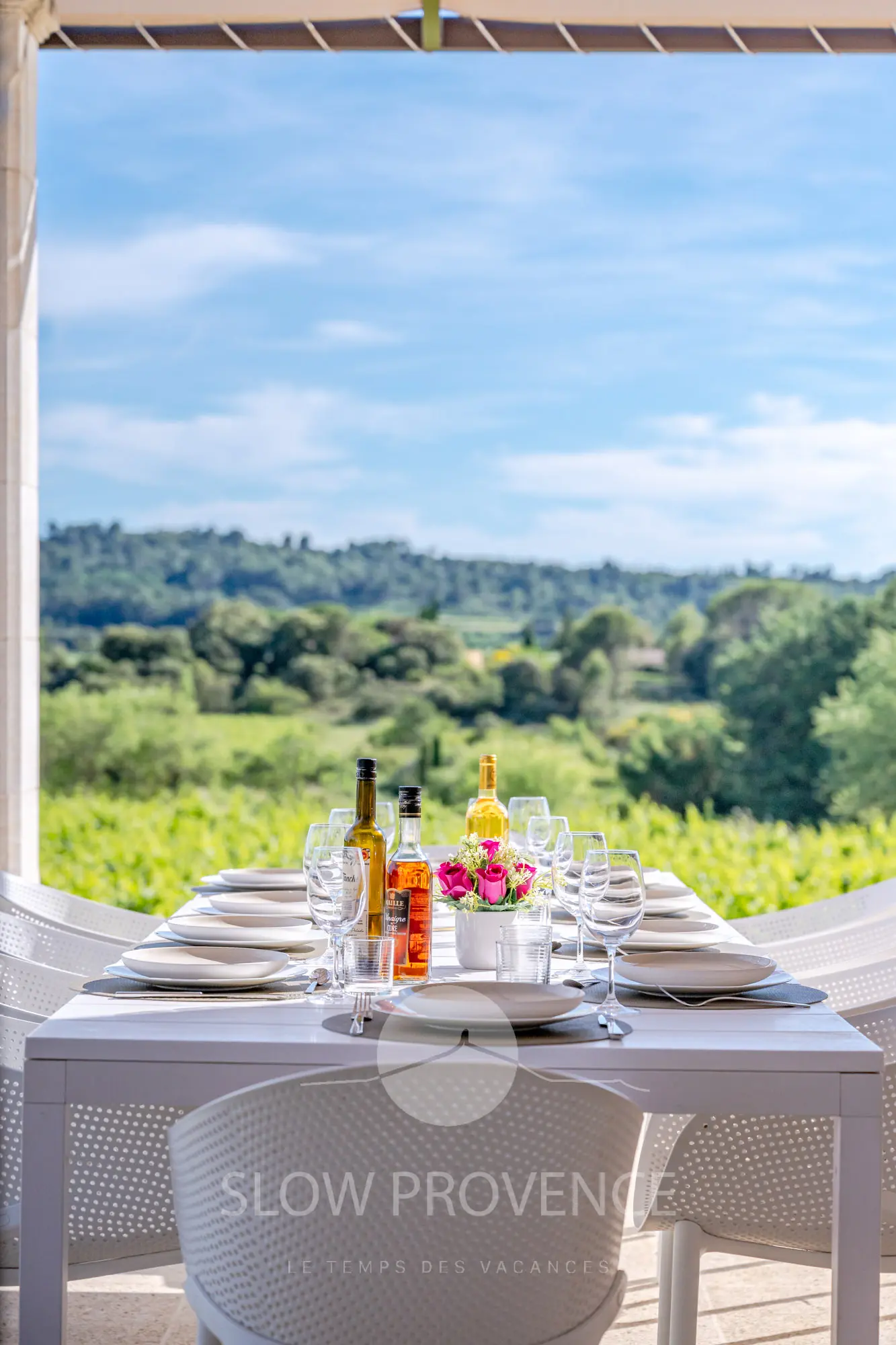 Espace repas extérieur avec vue sur le jardin et les vignes
